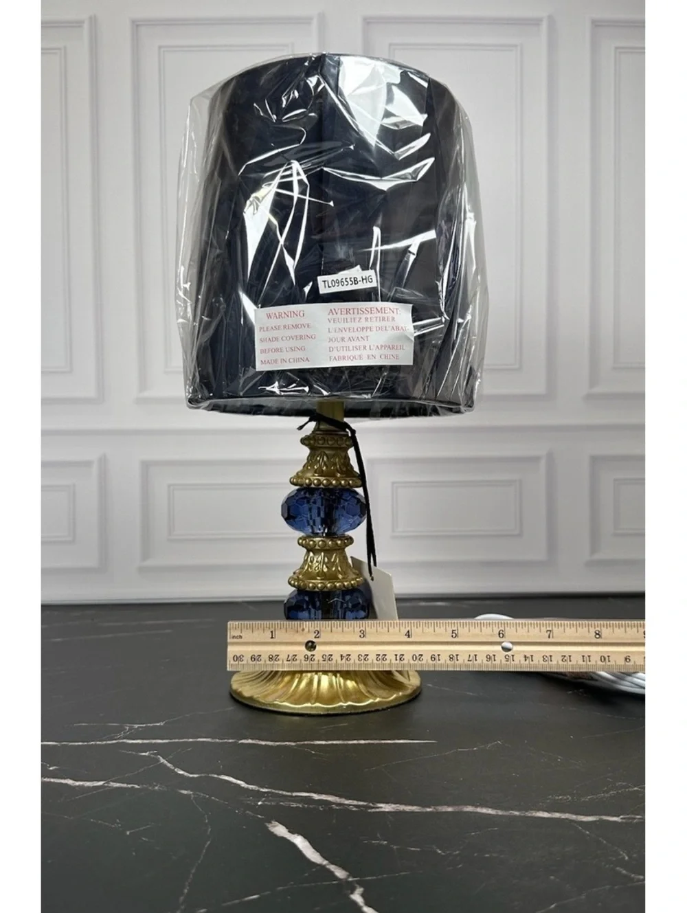 Karma Home Elegant Blue and Gold Table Lamp with Black Shade, 12 Inches Tall